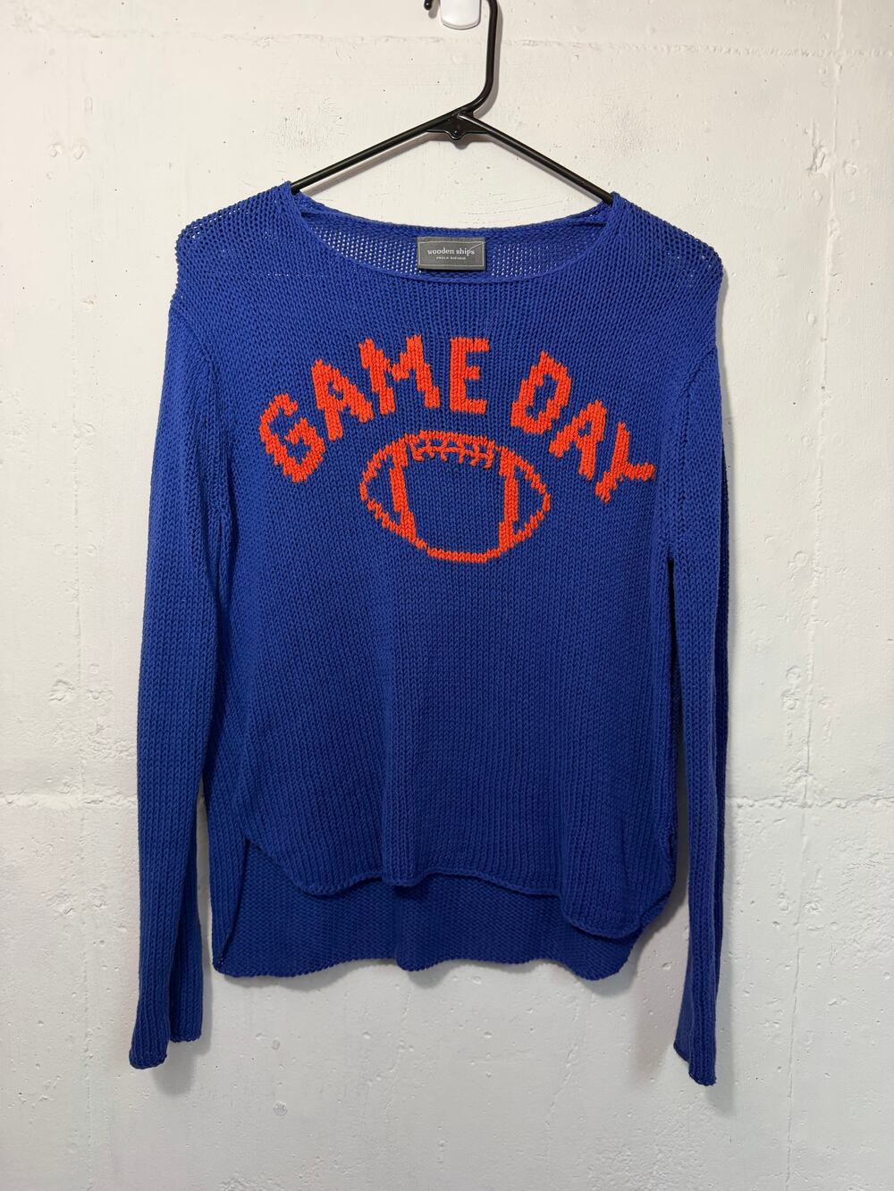 Wooden Ships Womens GAME DAY Orange Blue S/M Knit Sweater Long Sleeve